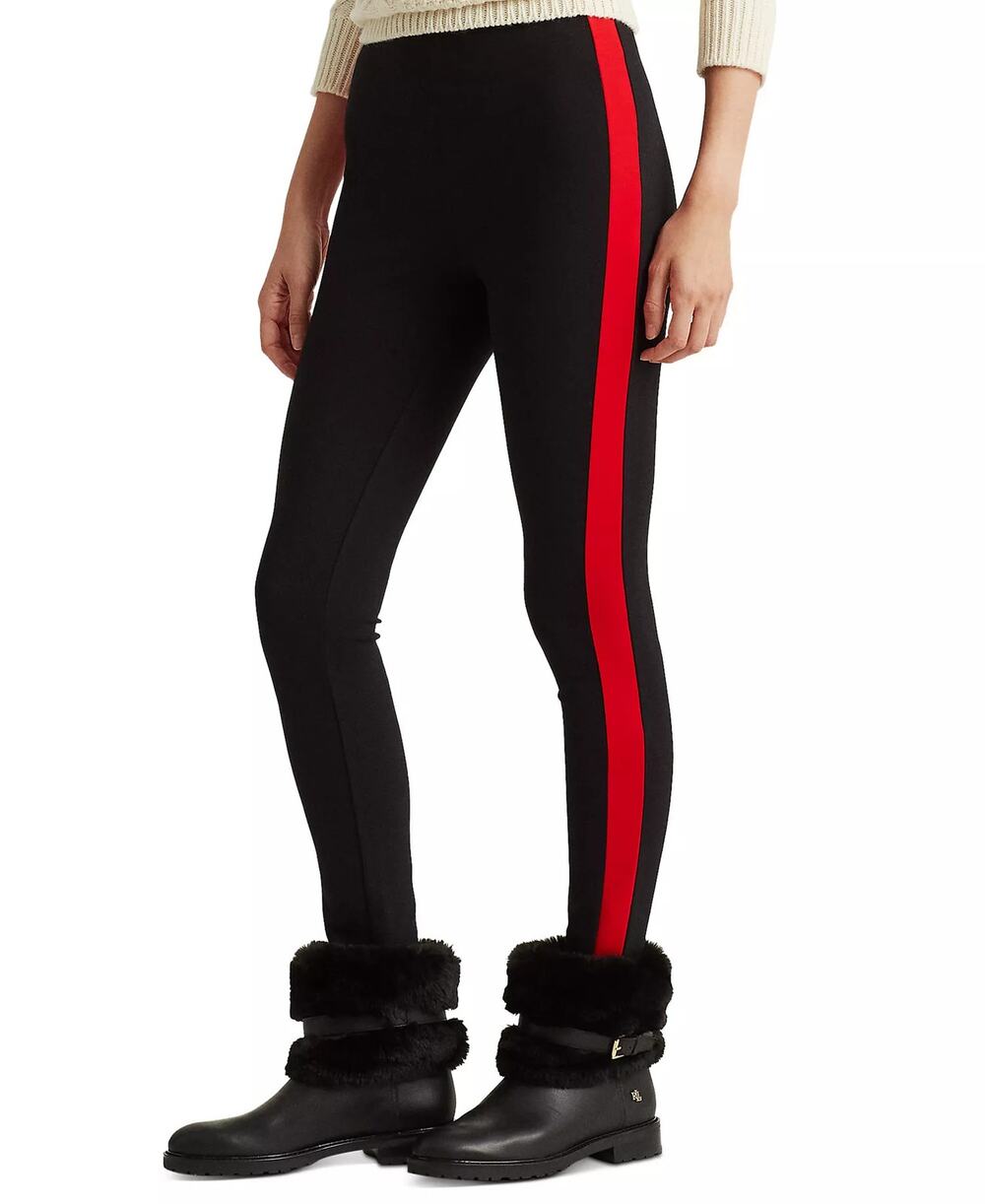 Lauren Ralph Lauren Side-Stripe Ponte Leggings, Black/Red, Black Label, Sz S